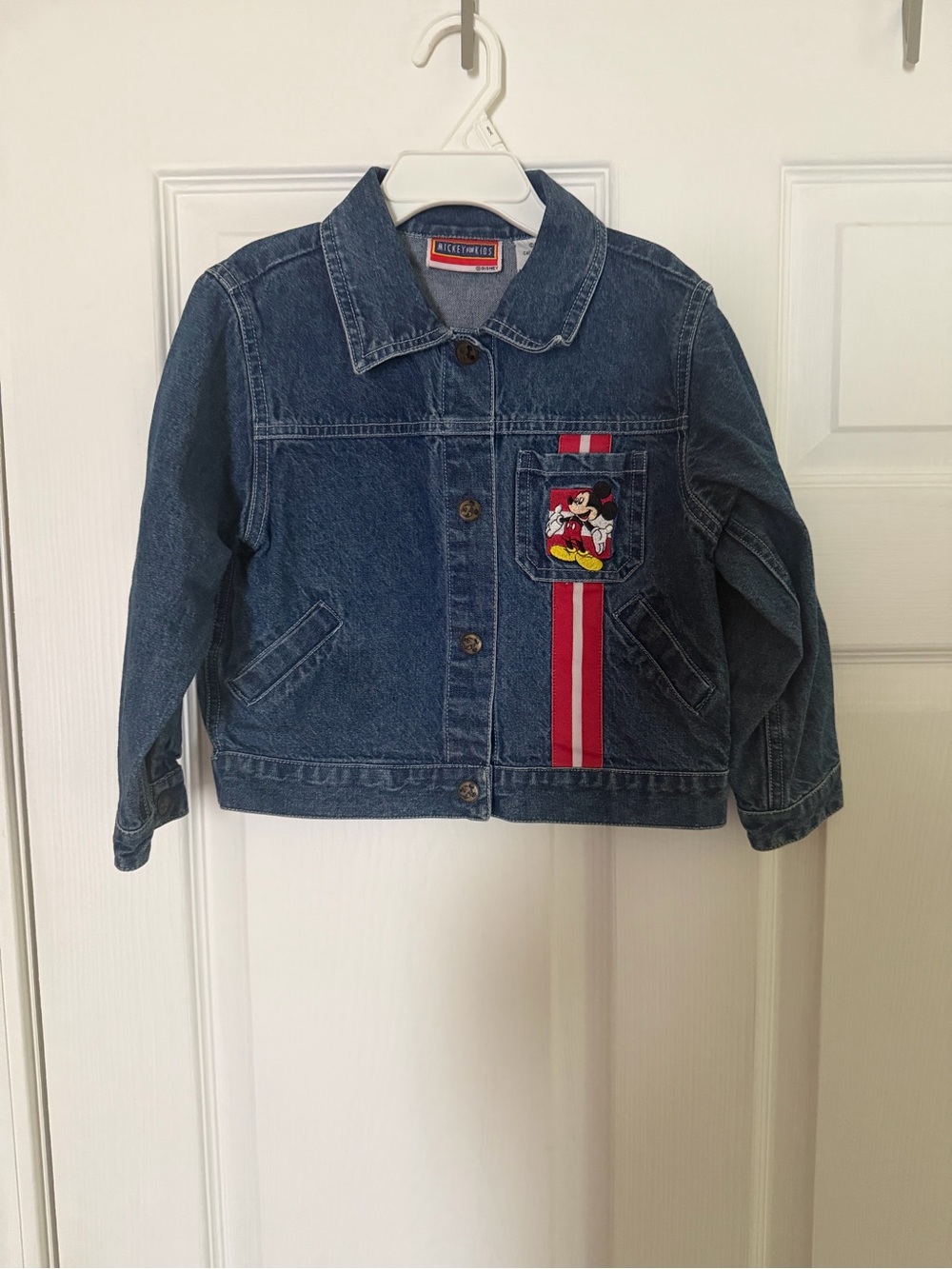 Denim Kids Jacket with Red Stripe and Mickey Patch